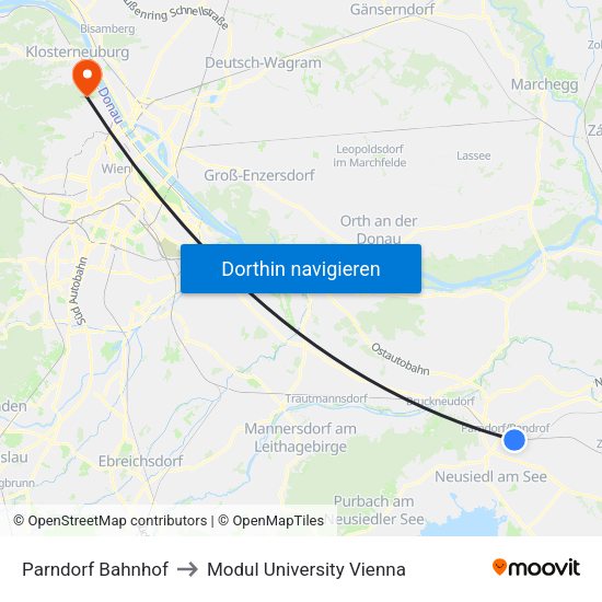 Parndorf Bahnhof to Modul University Vienna map