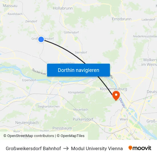 Großweikersdorf Bahnhof to Modul University Vienna map