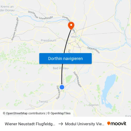 Wiener Neustadt Flugfeldgürtel to Modul University Vienna map