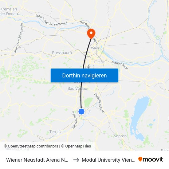 Wiener Neustadt Arena Nova to Modul University Vienna map