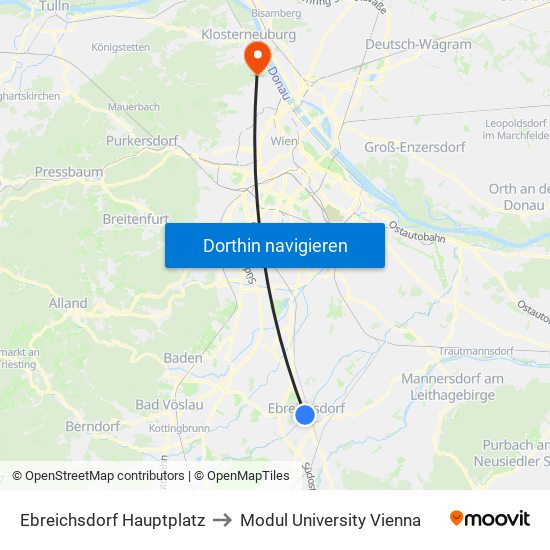 Ebreichsdorf Hauptplatz to Modul University Vienna map