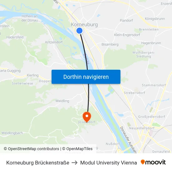 Korneuburg Brückenstraße to Modul University Vienna map