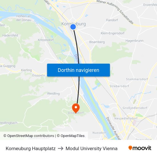 Korneuburg Hauptplatz to Modul University Vienna map