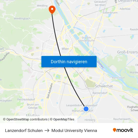 Lanzendorf Schulen to Modul University Vienna map