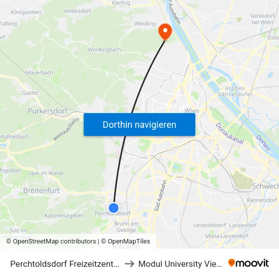 Perchtoldsdorf Freizeitzentrum to Modul University Vienna map