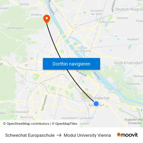 Schwechat Europaschule to Modul University Vienna map