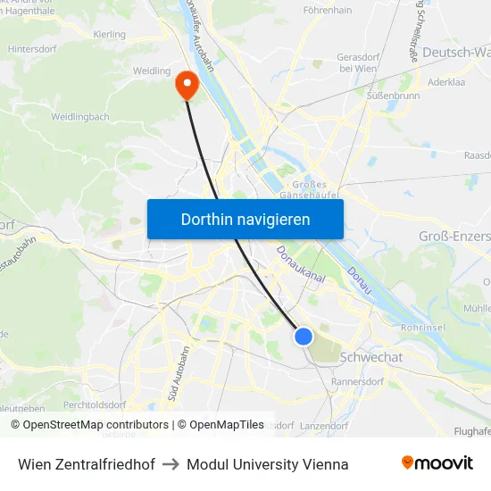 Wien Zentralfriedhof to Modul University Vienna map
