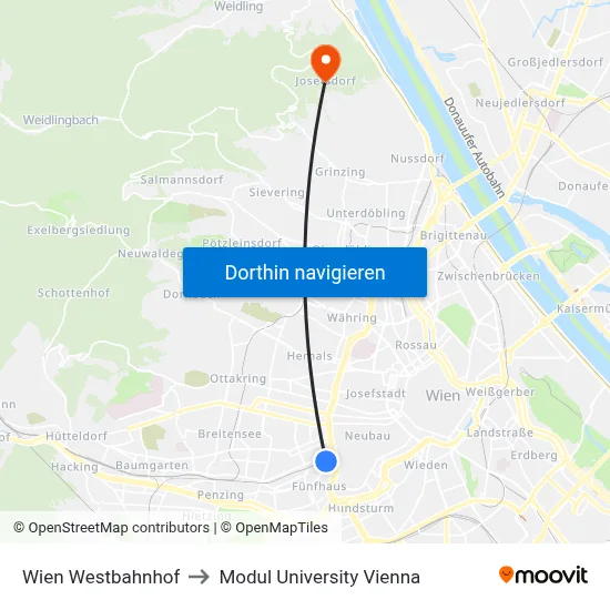 Wien Westbahnhof to Modul University Vienna map