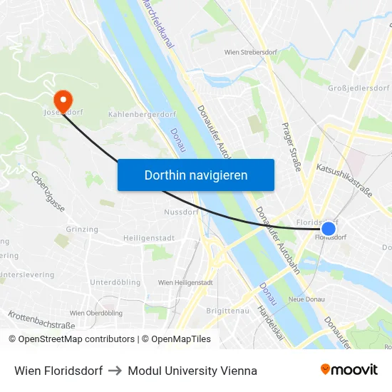 Wien Floridsdorf to Modul University Vienna map