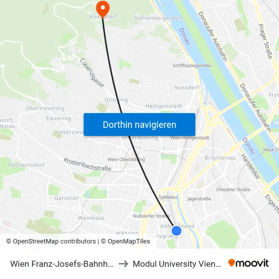 Wien Franz-Josefs-Bahnhof to Modul University Vienna map