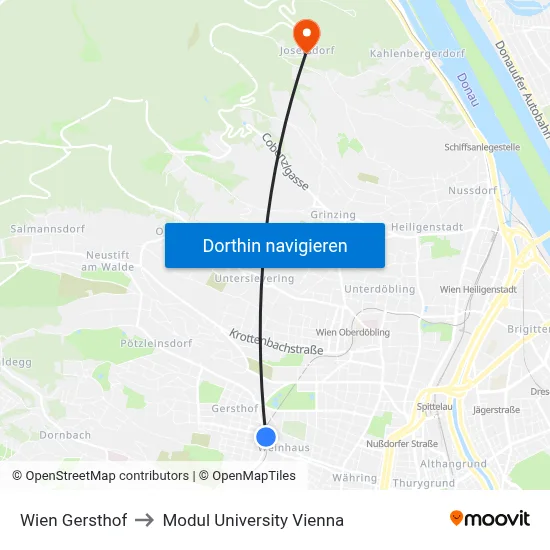 Wien Gersthof to Modul University Vienna map