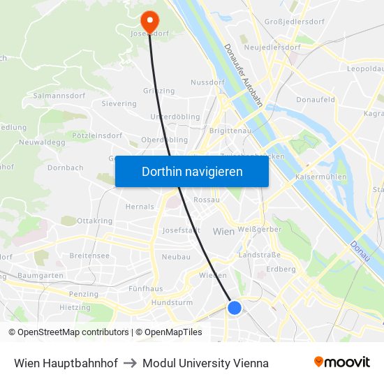 Wien Hauptbahnhof to Modul University Vienna map