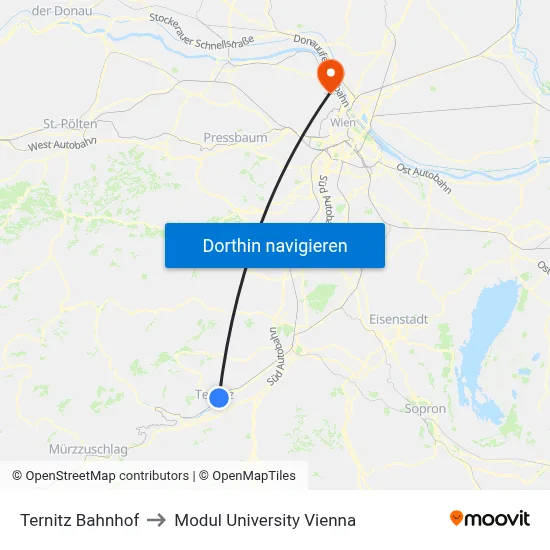 Ternitz Bahnhof to Modul University Vienna map