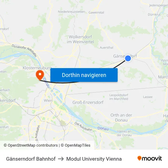 Gänserndorf Bahnhof to Modul University Vienna map