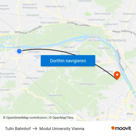 Tulln Bahnhof to Modul University Vienna map