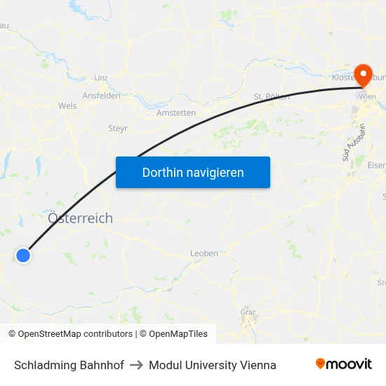 Schladming Bahnhof to Modul University Vienna map