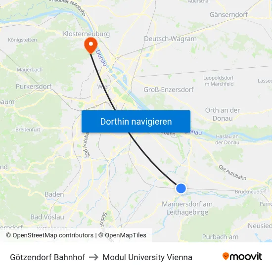 Götzendorf Bahnhof to Modul University Vienna map