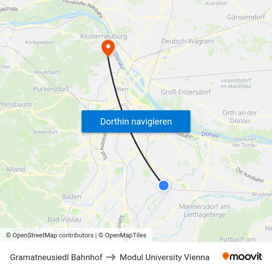 Gramatneusiedl Bahnhof to Modul University Vienna map