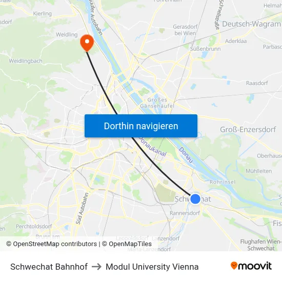 Schwechat Bahnhof to Modul University Vienna map