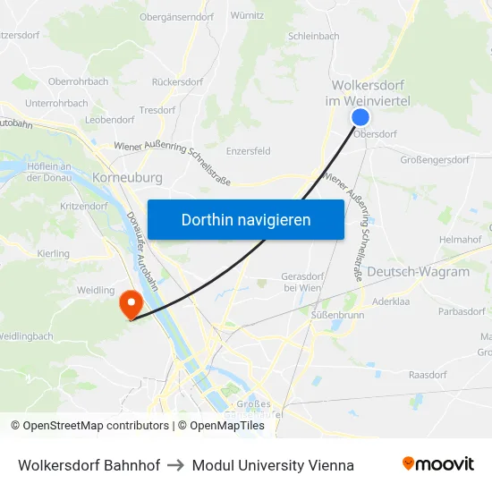 Wolkersdorf Bahnhof to Modul University Vienna map