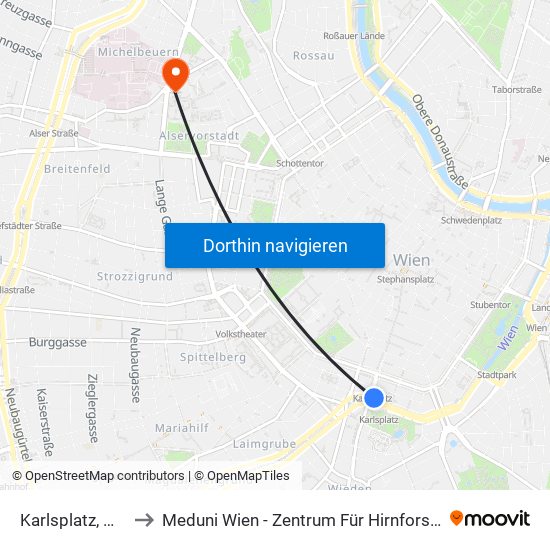 Karlsplatz, Wien to Meduni Wien - Zentrum Für Hirnforschung map