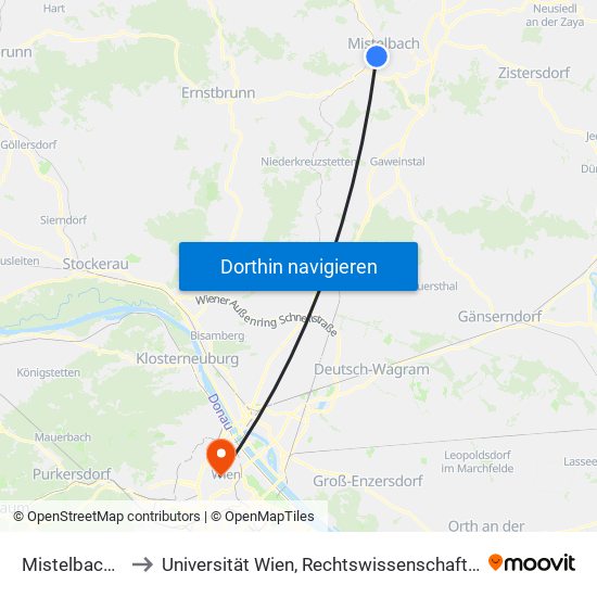 Mistelbach Bahnhof to Universität Wien, Rechtswissenschaftliche Fakultät (Juridicum) map