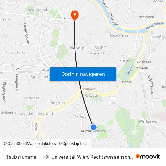 Taubstummengasse, Wien to Universität Wien, Rechtswissenschaftliche Fakultät (Juridicum) map