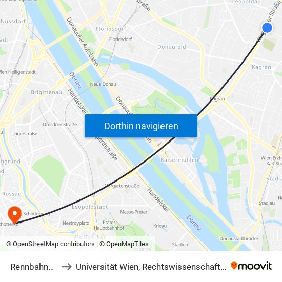Rennbahnweg, Wien to Universität Wien, Rechtswissenschaftliche Fakultät (Juridicum) map