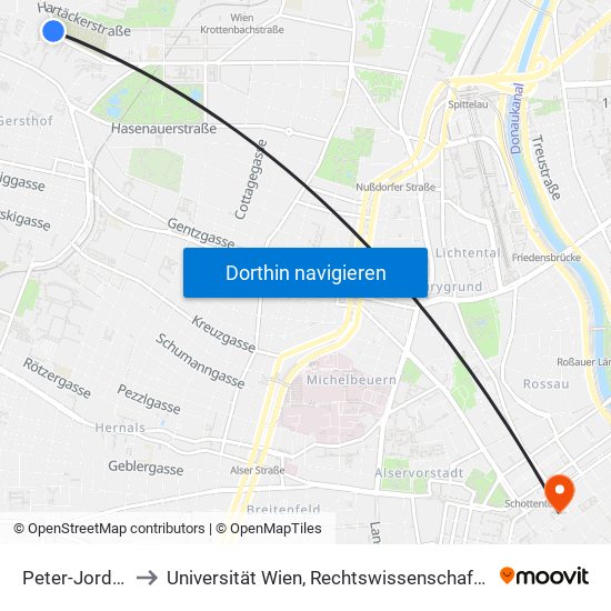 Peter-Jordan-Straße to Universität Wien, Rechtswissenschaftliche Fakultät (Juridicum) map