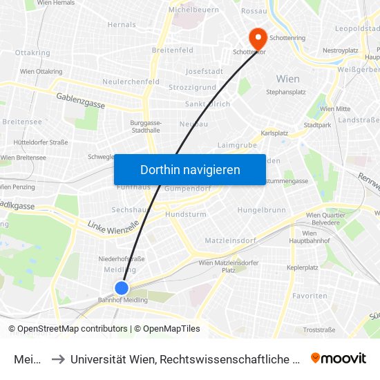 Meidling to Universität Wien, Rechtswissenschaftliche Fakultät (Juridicum) map