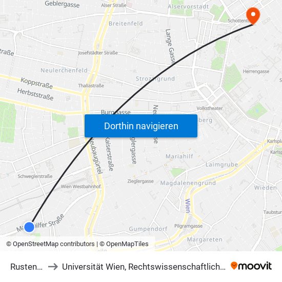 Rustengasse to Universität Wien, Rechtswissenschaftliche Fakultät (Juridicum) map