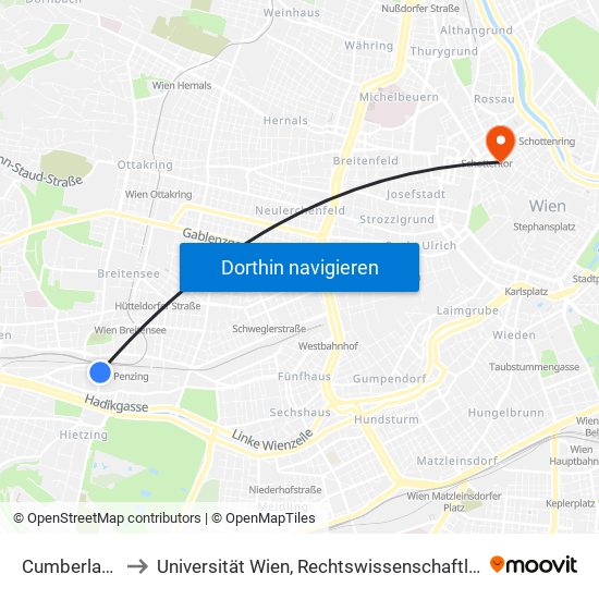 Cumberlandstraße to Universität Wien, Rechtswissenschaftliche Fakultät (Juridicum) map