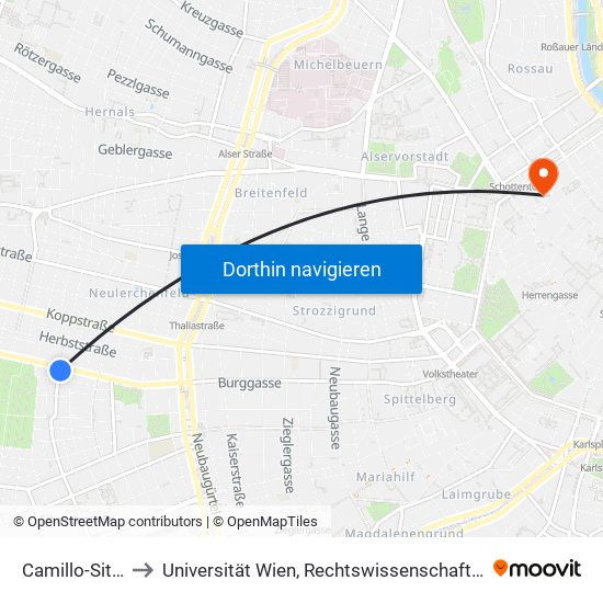 Camillo-Sitte-Gasse to Universität Wien, Rechtswissenschaftliche Fakultät (Juridicum) map