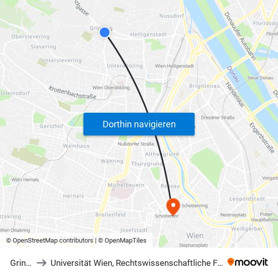 Grinzing to Universität Wien, Rechtswissenschaftliche Fakultät (Juridicum) map