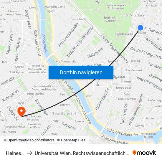 Heinestraße to Universität Wien, Rechtswissenschaftliche Fakultät (Juridicum) map