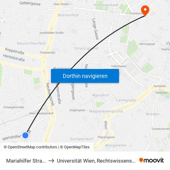 Mariahilfer Straße/Geibelgasse to Universität Wien, Rechtswissenschaftliche Fakultät (Juridicum) map