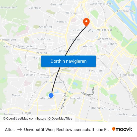 Alterlaa to Universität Wien, Rechtswissenschaftliche Fakultät (Juridicum) map