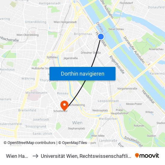 Wien Handelskai to Universität Wien, Rechtswissenschaftliche Fakultät (Juridicum) map