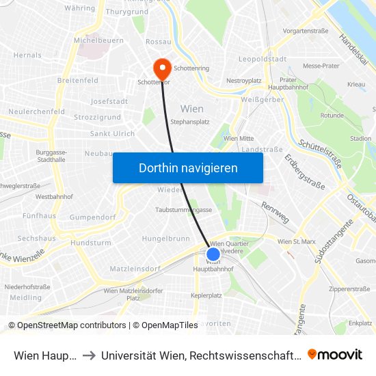 Wien Hauptbahnhof to Universität Wien, Rechtswissenschaftliche Fakultät (Juridicum) map