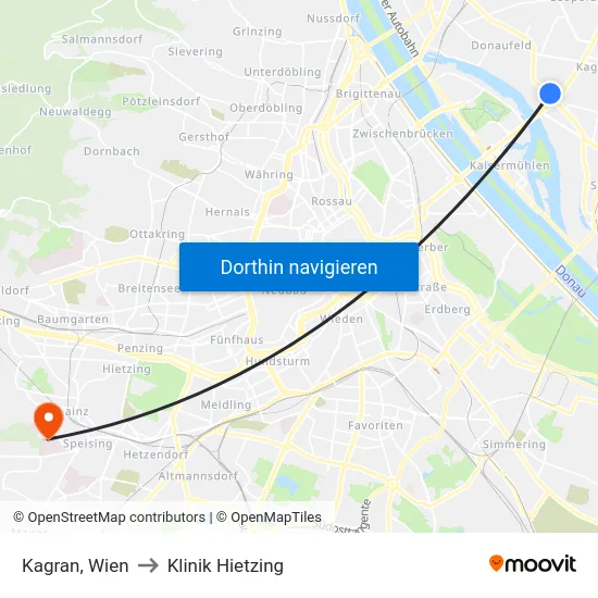 Kagran, Wien to Klinik Hietzing map
