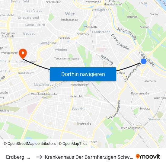 Erdberg, Wien to Krankenhaus Der Barmherzigen Schwestern map