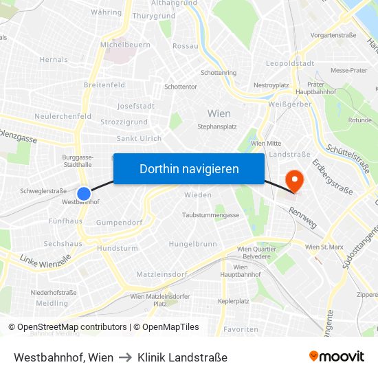 Westbahnhof, Wien to Klinik Landstraße map