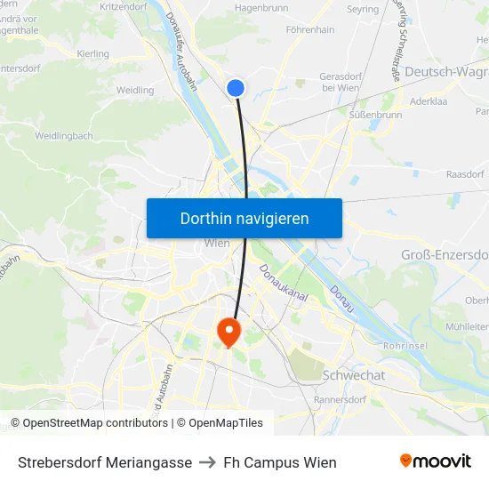 Strebersdorf Meriangasse to Fh Campus Wien map