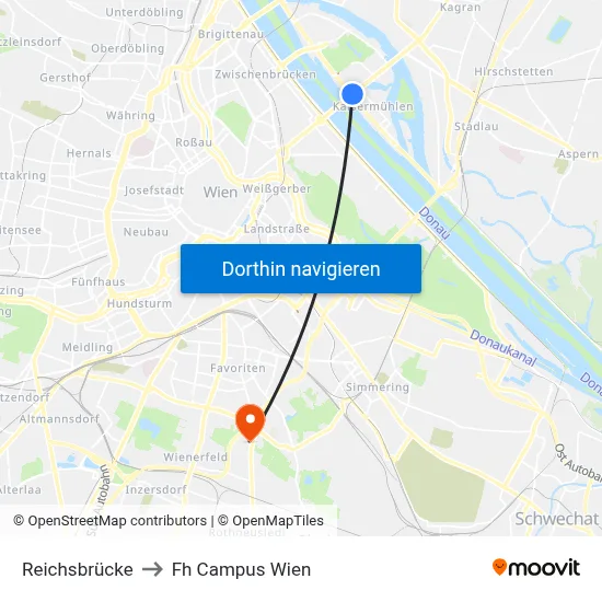 Reichsbrücke to Fh Campus Wien map