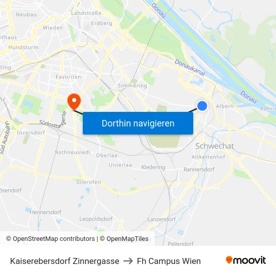 Kaiserebersdorf Zinnergasse to Fh Campus Wien map