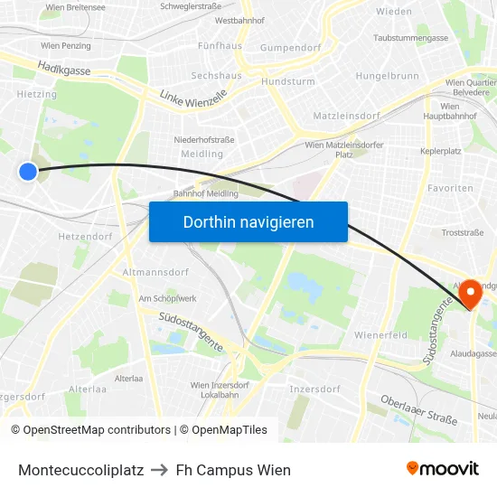 Montecuccoliplatz to Fh Campus Wien map
