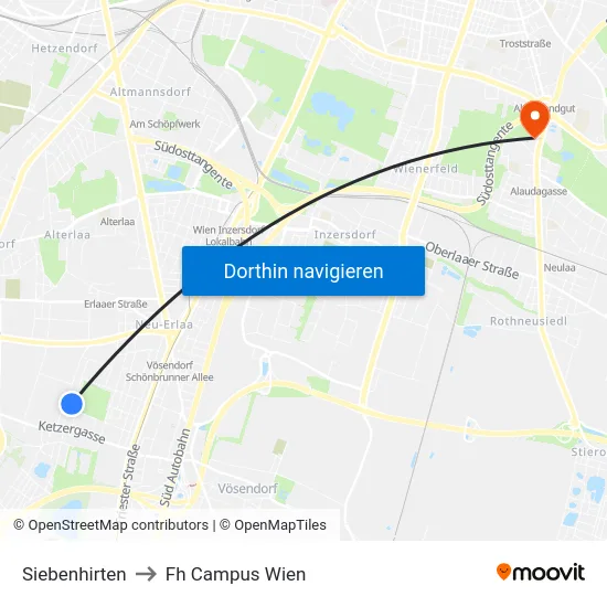 Siebenhirten to Fh Campus Wien map