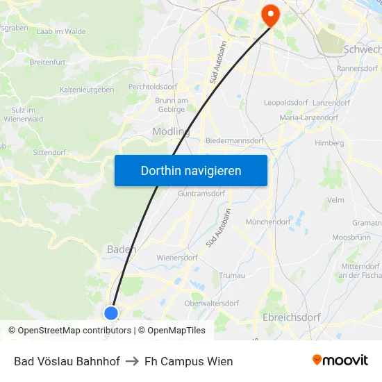 Bad Vöslau Bahnhof to Fh Campus Wien map