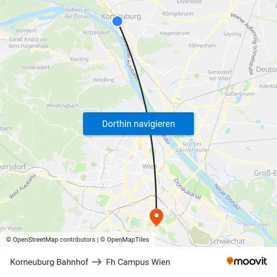 Korneuburg Bahnhof to Fh Campus Wien map