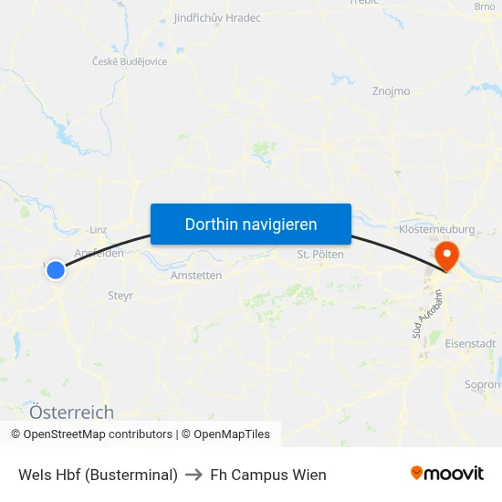 Wels Hbf (Busterminal) to Fh Campus Wien map